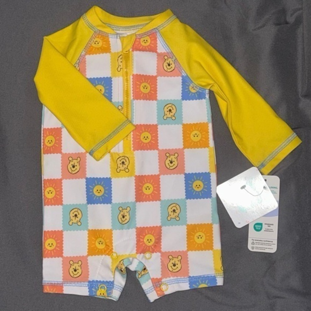 Disney Baby Winnie the Pooh Yellow Checkered Rash Guard Swimsuit 12M NEW